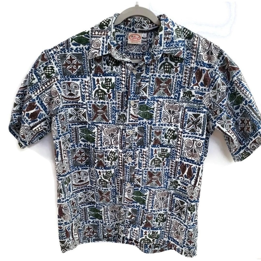 Go Barefoot Shirt‎ Mens Large Blue Brown Green Hawaiian Aloha Tapa Print USA
